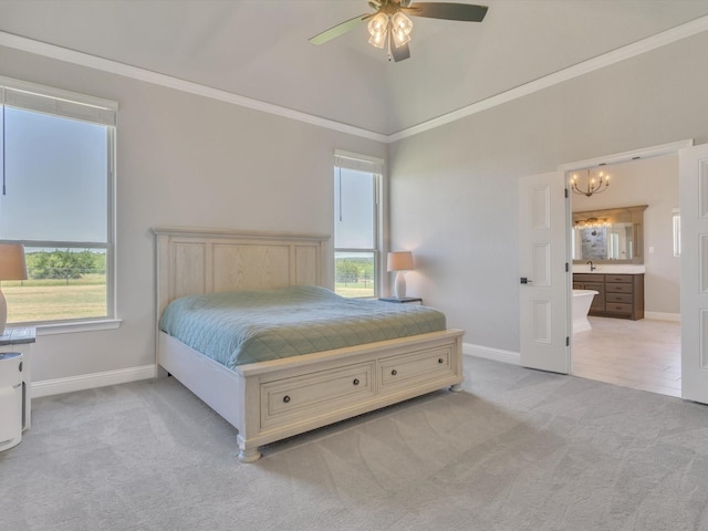 3025 Infinity Dr, Weatherford, TX 76087 - bedroom with carpet, baseboards, a chandelier, ceiling fan, and ensuite bathroom