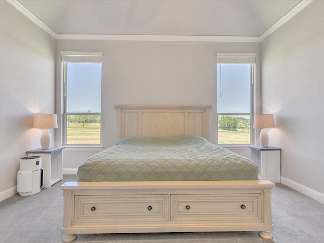 3025 Infinity Dr, Weatherford, TX 76087 - bedroom with light colored carpet, baseboards, multiple windows, lofted ceiling, and crown molding