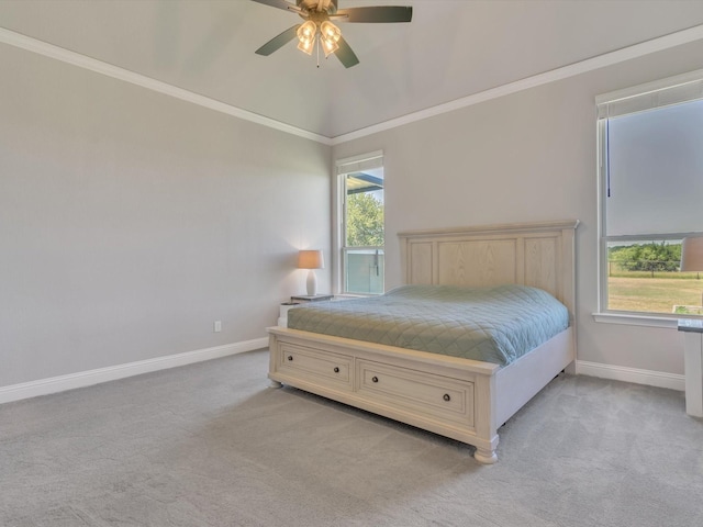 3025 Infinity Dr, Weatherford, TX 76087 - bedroom with light colored carpet, baseboards, ornamental molding, a ceiling fan, and lofted ceiling