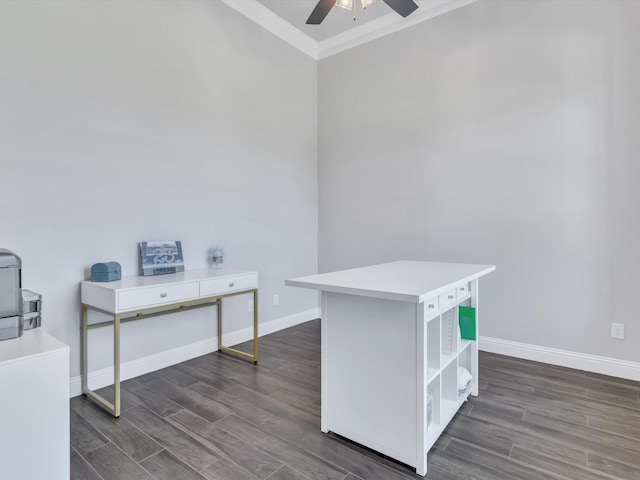 3025 Infinity Dr, Weatherford, TX 76087 - home office with a ceiling fan, dark wood-type flooring, crown molding, and baseboards
