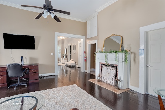530 Kirby Pl, Shreveport, LA 71104 - office featuring ornamental molding, dark wood-type flooring, a ceiling fan, baseboards, and a fireplace with flush hearth