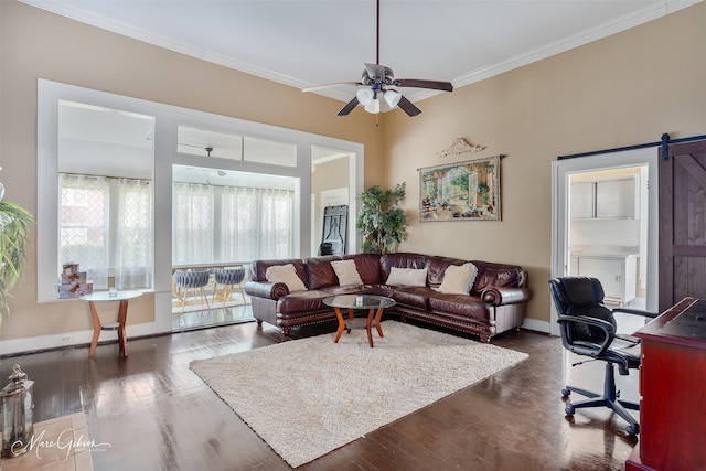 530 Kirby Pl, Shreveport, LA 71104 - living area featuring healthy amount of natural light, crown molding, ceiling fan, a barn door, and dark wood-style floors
