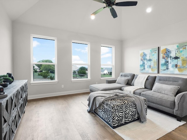 213 Martin Dr, Granbury, TX 76049 - living area featuring wood finished floors, a ceiling fan, baseboards, high vaulted ceiling, and recessed lighting
