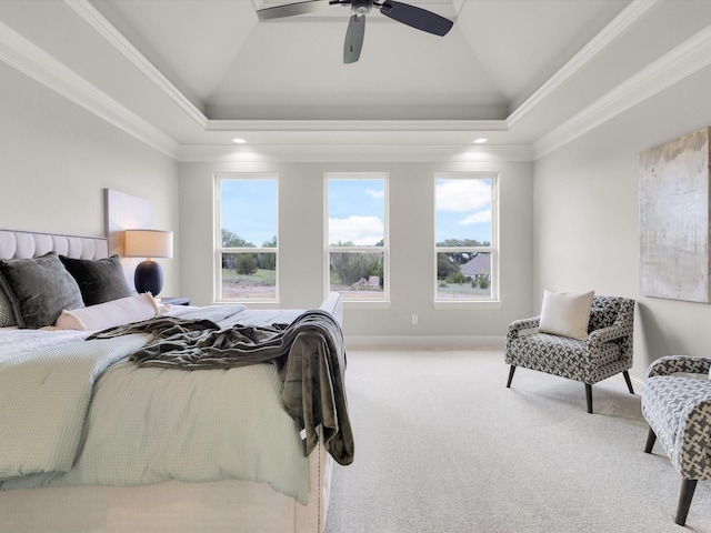 213 Martin Dr, Granbury, TX 76049 - bedroom featuring lofted ceiling, crown molding, carpet flooring, a raised ceiling, and a ceiling fan