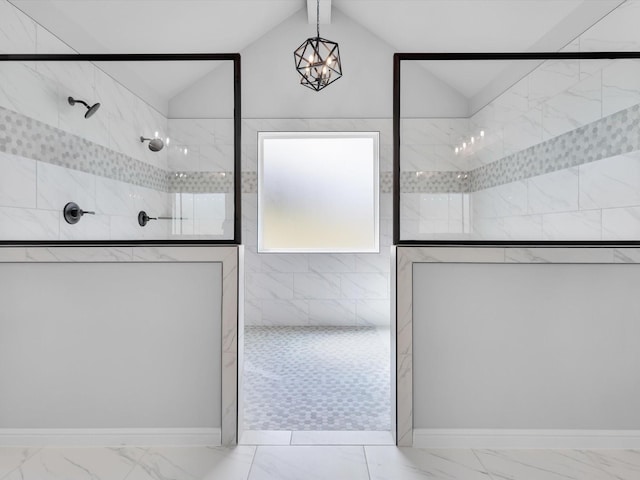 213 Martin Dr, Granbury, TX 76049 - full bathroom with marble finish floors, lofted ceiling, a walk in shower, and baseboards