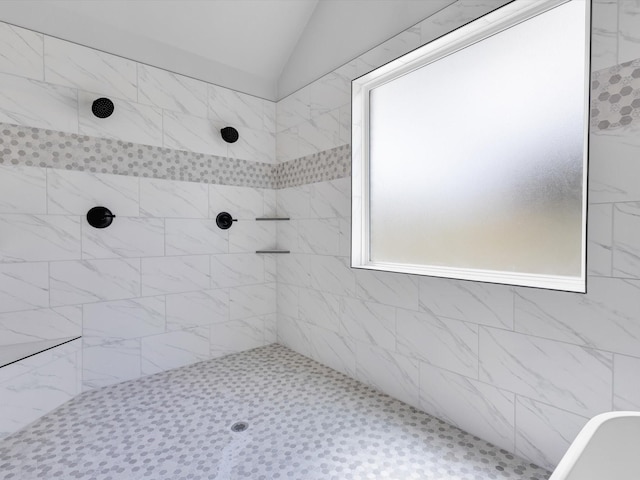 213 Martin Dr, Granbury, TX 76049 - bathroom featuring a tile shower and lofted ceiling