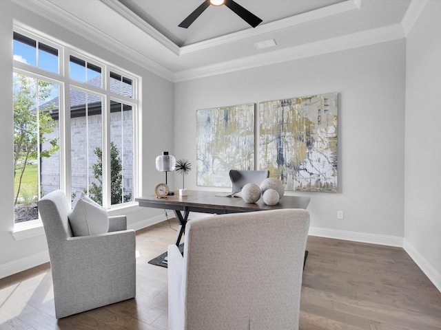 213 Martin Dr, Granbury, TX 76049 - office area featuring a raised ceiling, plenty of natural light, baseboards, crown molding, and a ceiling fan