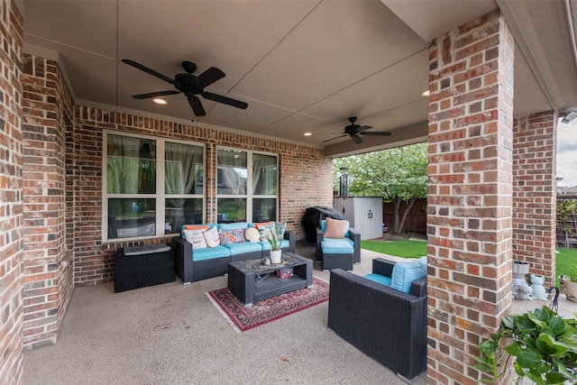 1036 Knoxbridge Rd, Forney, TX 75126 - view of patio / terrace featuring ceiling fan, an outdoor living space, and a shed