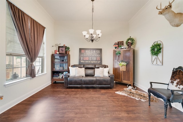 1036 Knoxbridge Rd, Forney, TX 75126 - living area featuring a chandelier, ornamental molding, and dark wood-type flooring