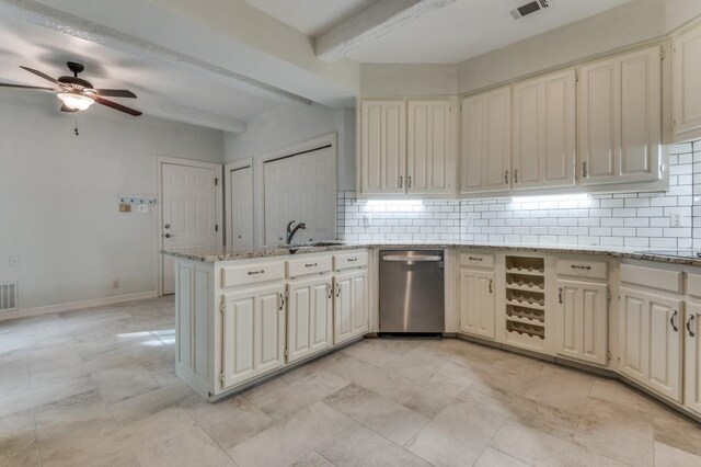 4713 N O Connor Ct, Irving, TX 75062 - kitchen featuring dishwasher, beam ceiling, backsplash, a sink, and ceiling fan
