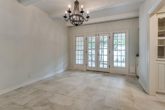 4713 N O Connor Ct, Irving, TX 75062 - unfurnished dining area featuring a chandelier, baseboards, french doors, and beamed ceiling