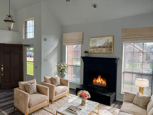 1737 Liberty Ln, Mesquite, TX 75149 - living room featuring wood finished floors, a warm lit fireplace, high vaulted ceiling, and a textured ceiling