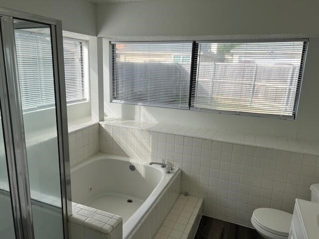 1737 Liberty Ln, Mesquite, TX 75149 - bathroom featuring a jetted tub, toilet, plenty of natural light, and vanity