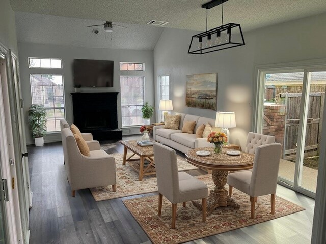 1737 Liberty Ln, Mesquite, TX 75149 - living area with a textured ceiling, wood finished floors, and lofted ceiling