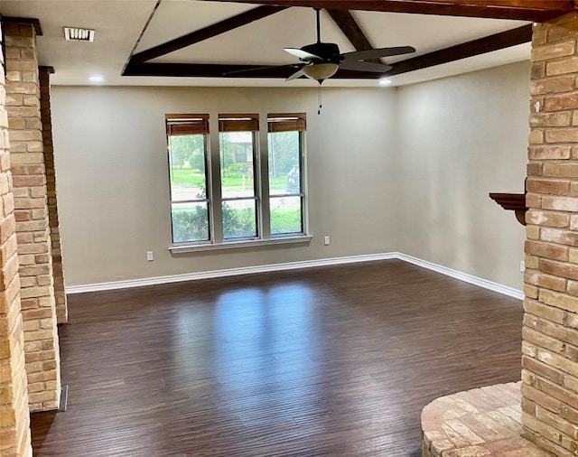 2512 Lawndale Dr, Plano, TX 75023 - unfurnished living room featuring ceiling fan, dark wood-type flooring, baseboards, and beamed ceiling