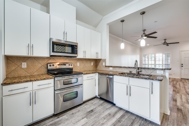 393 Bluebird Ln, Fairview, TX 75069 - kitchen featuring appliances with stainless steel finishes, a sink, a peninsula, a ceiling fan, and light wood-style flooring