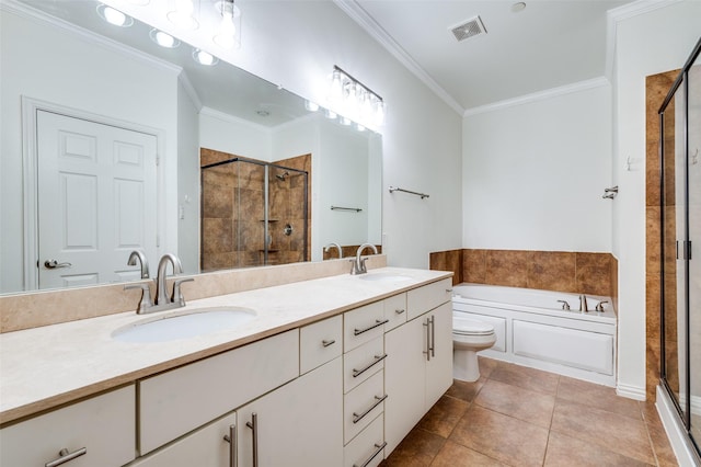 393 Bluebird Ln, Fairview, TX 75069 - bathroom featuring a shower stall, a garden tub, ornamental molding, double vanity, and toilet