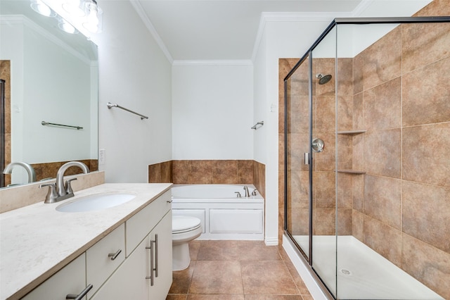 393 Bluebird Ln, Fairview, TX 75069 - bathroom featuring vanity, a garden tub, a stall shower, toilet, and crown molding