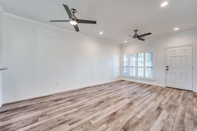 393 Bluebird Ln, Fairview, TX 75069 - unfurnished living room featuring a ceiling fan, light wood-style floors, recessed lighting, crown molding, and baseboards