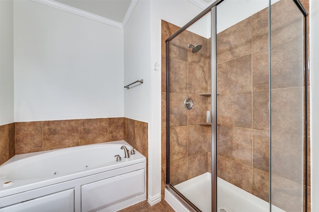 393 Bluebird Ln, Fairview, TX 75069 - bathroom with crown molding, a tub with jets, and a shower stall