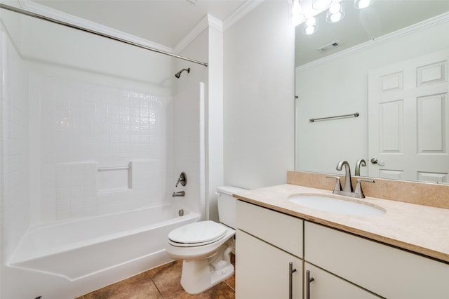 393 Bluebird Ln, Fairview, TX 75069 - full bath featuring crown molding, vanity, toilet, tile patterned floors, and washtub / shower combination