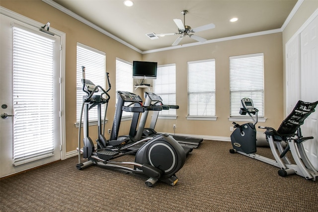 393 Bluebird Ln, Fairview, TX 75069 - gym with a ceiling fan, carpet floors, plenty of natural light, recessed lighting, and ornamental molding