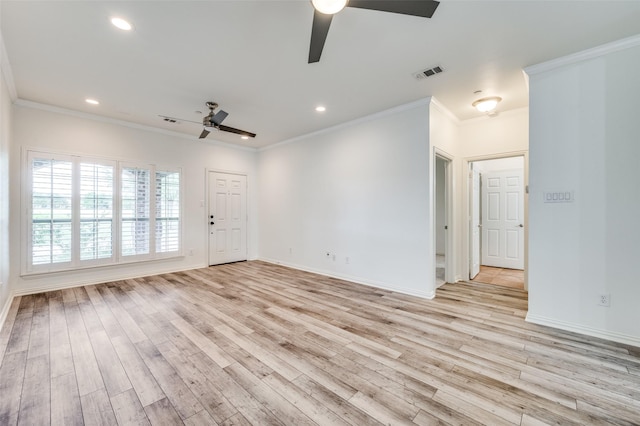393 Bluebird Ln, Fairview, TX 75069 - empty room featuring a ceiling fan, light wood-style floors, baseboards, crown molding, and recessed lighting