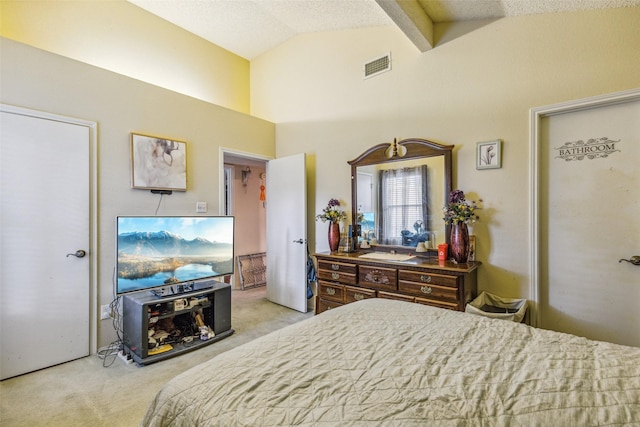 1005 Blue Jay Dr, Mansfield, TX 76063 - bedroom with light colored carpet, high vaulted ceiling, and a textured ceiling