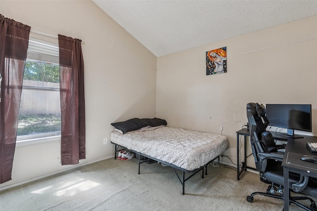 1005 Blue Jay Dr, Mansfield, TX 76063 - bedroom featuring lofted ceiling, carpet flooring, a desk, and a textured ceiling