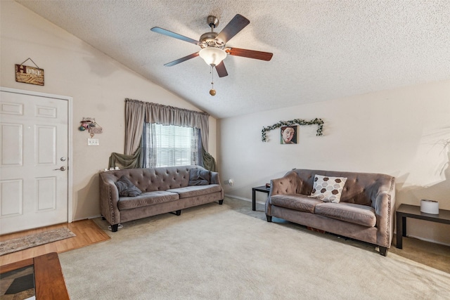 1005 Blue Jay Dr, Mansfield, TX 76063 - carpeted living area featuring a textured ceiling, vaulted ceiling, and ceiling fan