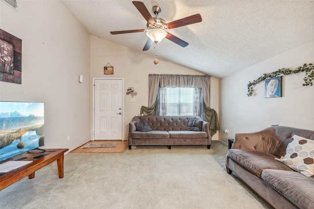 1005 Blue Jay Dr, Mansfield, TX 76063 - living room with light carpet, lofted ceiling, a textured ceiling, and ceiling fan
