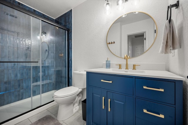 800 Bur Oak Dr, Burleson, TX 76028 - bathroom with toilet, vanity, tile patterned flooring, a shower stall, and a textured wall