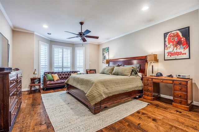 813 Singing Hills Dr, Garland, TX 75044 - bedroom with dark wood-style floors, ornamental molding, recessed lighting, baseboards, and a ceiling fan