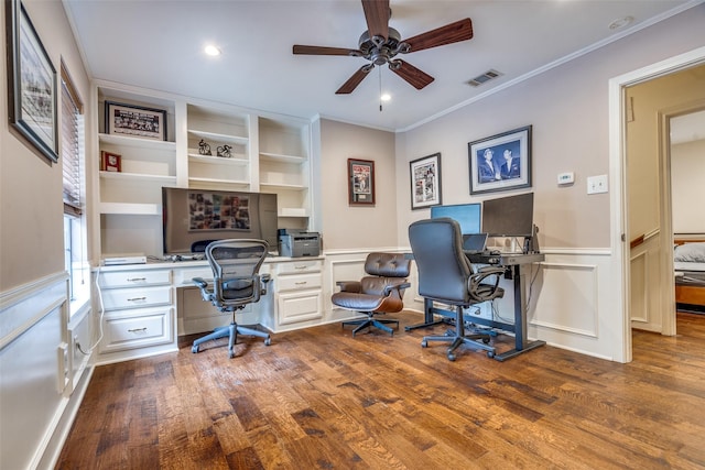 813 Singing Hills Dr, Garland, TX 75044 - office area with ceiling fan, crown molding, wood finished floors, a wainscoted wall, and a decorative wall