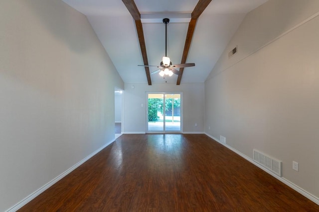4501 Mink Dr, Haltom City, TX 76117 - unfurnished room featuring ceiling fan, beamed ceiling, wood finished floors, baseboards, and high vaulted ceiling