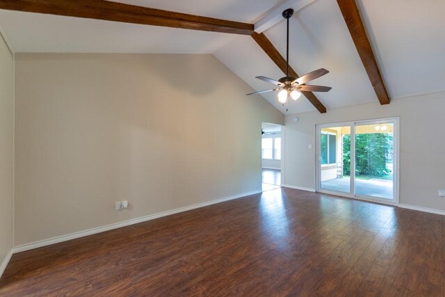 4501 Mink Dr, Haltom City, TX 76117 - empty room with wood finished floors, a ceiling fan, beamed ceiling, baseboards, and high vaulted ceiling