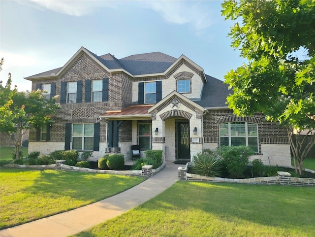 371 Ash Brook Ln, Sunnyvale, TX 75182 - view of front of house with stone siding, brick siding, a front lawn, and a shingled roof