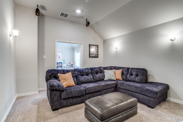 1225 Horsemint Dr, Little Elm, TX 75068 - living room with lofted ceiling, light carpet, and baseboards