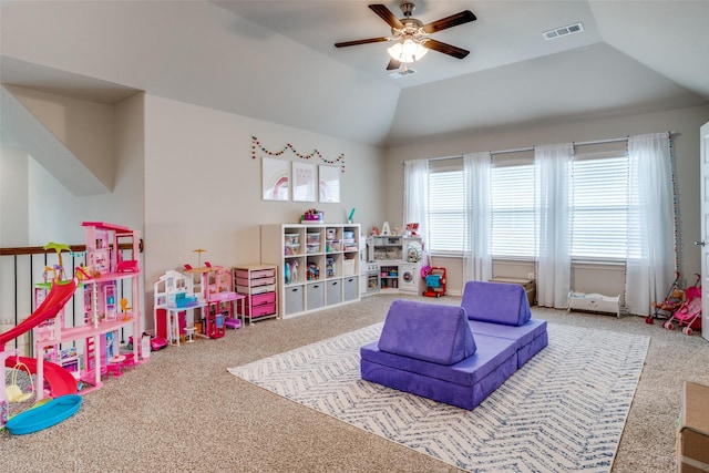 1225 Horsemint Dr, Little Elm, TX 75068 - rec room with carpet flooring, ceiling fan, and vaulted ceiling