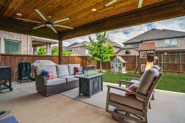 1225 Horsemint Dr, Little Elm, TX 75068 - view of patio / terrace with a playground, an outdoor living space, ceiling fan, and grilling area