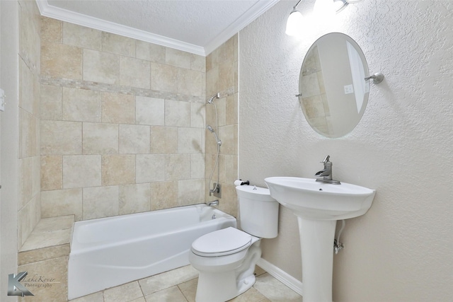 920 SW 3rd St, Hamlin, TX 79520 - full bath featuring crown molding, toilet, a textured wall, tile patterned flooring, and shower / washtub combination