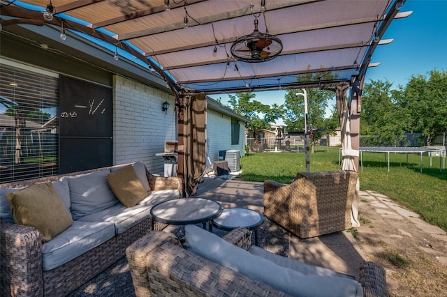 3232 Bunker Hill Dr, Forest Hill, TX 76140 - view of patio featuring a trampoline, central air condition unit, an outdoor hangout area, ceiling fan, and a pergola