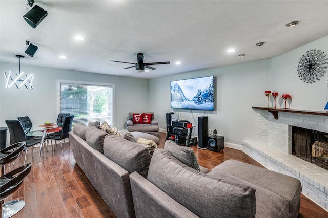 3232 Bunker Hill Dr, Forest Hill, TX 76140 - living room with recessed lighting, ceiling fan, a fireplace, baseboards, and wood finished floors