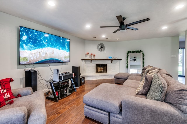3232 Bunker Hill Dr, Forest Hill, TX 76140 - living area featuring a ceiling fan, recessed lighting, wood finished floors, and a fireplace