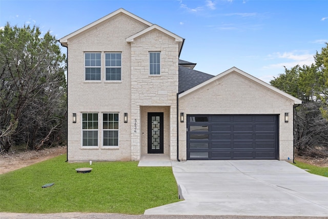 5634 Barkridge Dr, Granbury, TX 76048 - view of front of home with brick siding, an attached garage, concrete driveway, a front yard, and stone siding