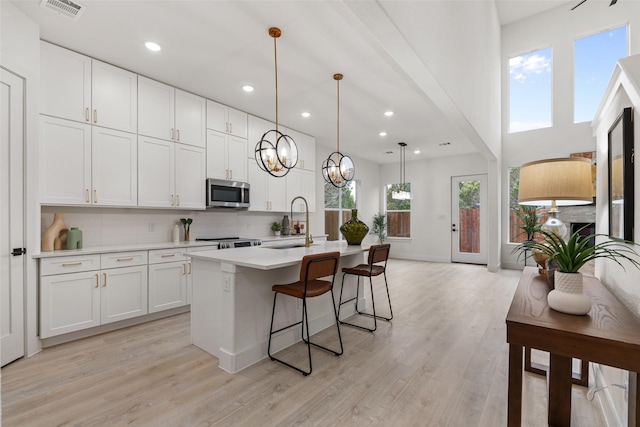 5634 Barkridge Dr, Granbury, TX 76048 - kitchen featuring stainless steel appliances, a sink, light countertops, backsplash, and light wood finished floors