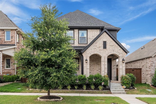 12947 Cabana Dr, Frisco, TX 75035 - french country style house with brick siding, a shingled roof, and a front yard