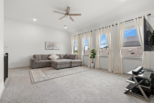 12947 Cabana Dr, Frisco, TX 75035 - carpeted living room featuring a ceiling fan, recessed lighting, and lofted ceiling