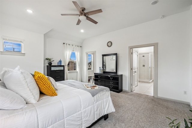 12947 Cabana Dr, Frisco, TX 75035 - bedroom featuring light colored carpet, baseboards, recessed lighting, ceiling fan, and ensuite bathroom