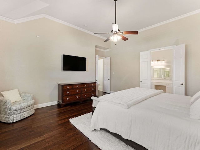 1025 Arches Park Dr, Allen, TX 75013 - bedroom with wood finished floors, crown molding, baseboards, connected bathroom, and ceiling fan